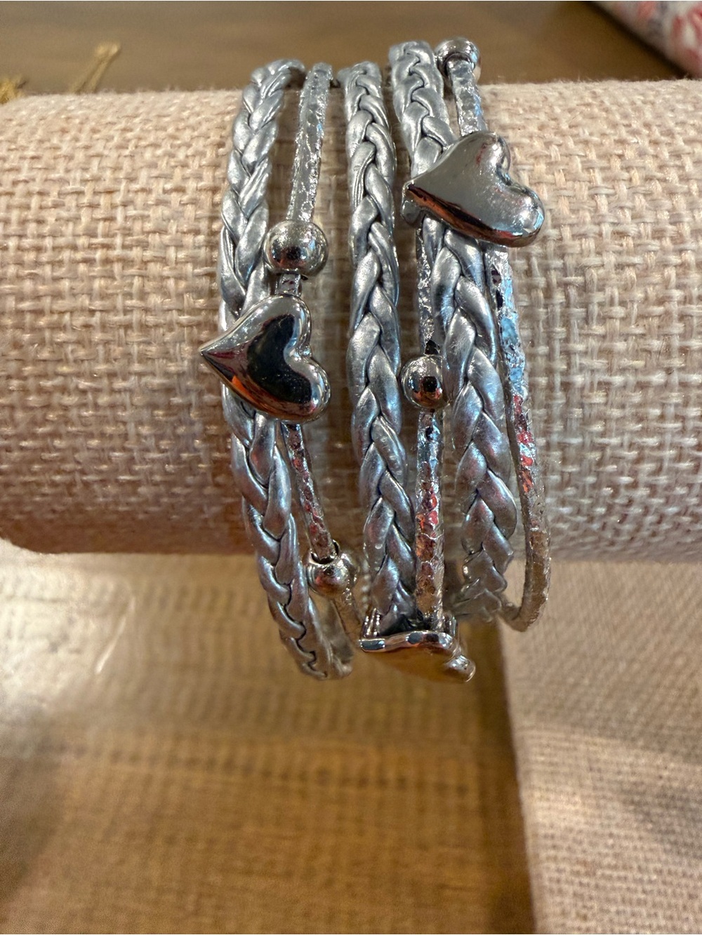 Silver braided fabric multi strand heart bracelet